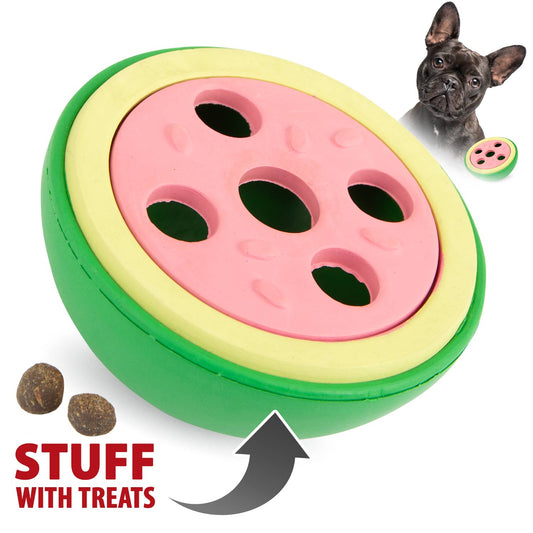 Juguete masticable dental de caucho natural Jeffers Watermelon para perros con dispensador de golosinas y aroma a vainilla