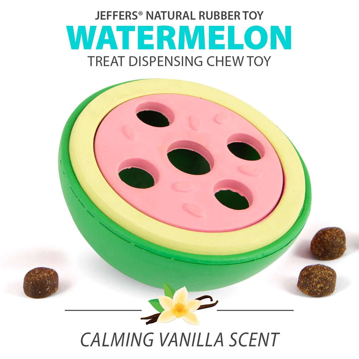 Juguete masticable dental de caucho natural Jeffers Watermelon para perros con dispensador de golosinas y aroma a vainilla