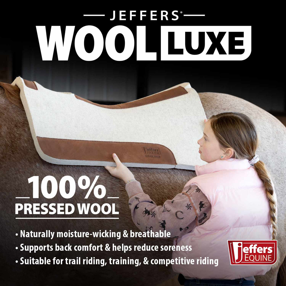 Manta de Silla de Montar Jeffers WoolLuxe 100% Lana Equina – Acolchada, Transpirable y Amortiguadora