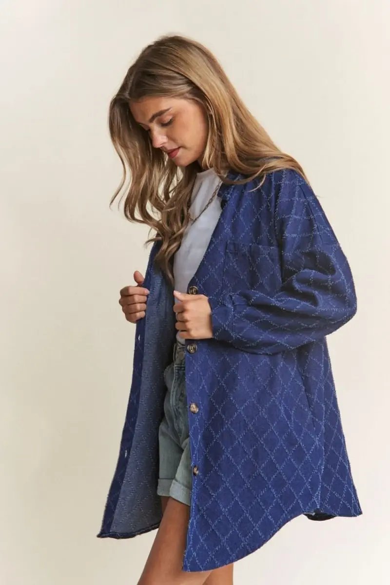 Women's Denim Shacket With Rhombus Stitch — Casual Layering Jacket