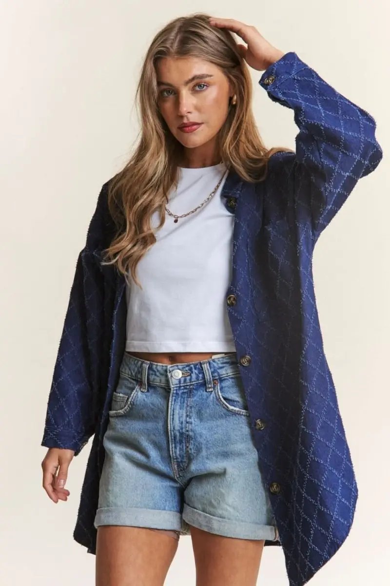 Women's Denim Shacket With Rhombus Stitch — Casual Layering Jacket