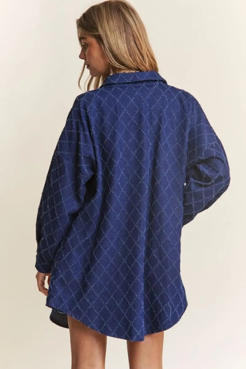 Women's Denim Shacket With Rhombus Stitch — Casual Layering Jacket
