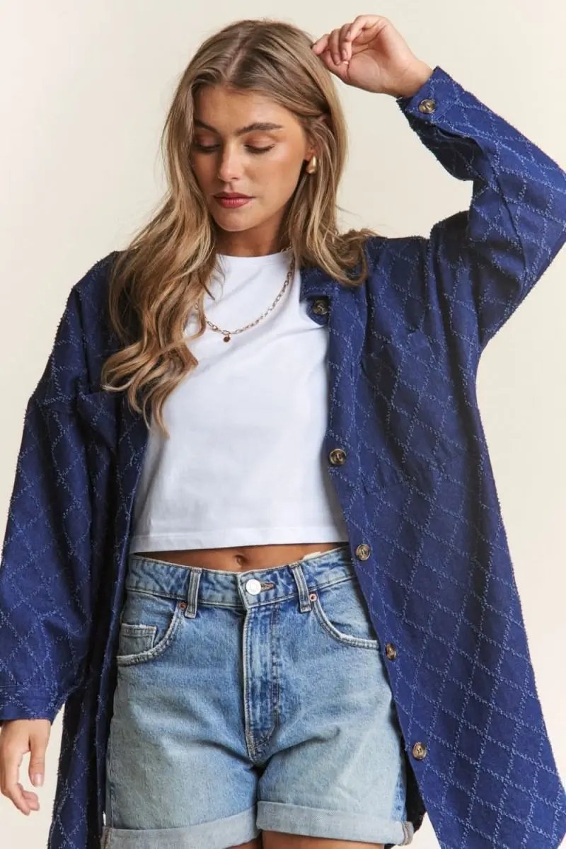 Women's Denim Shacket With Rhombus Stitch — Casual Layering Jacket