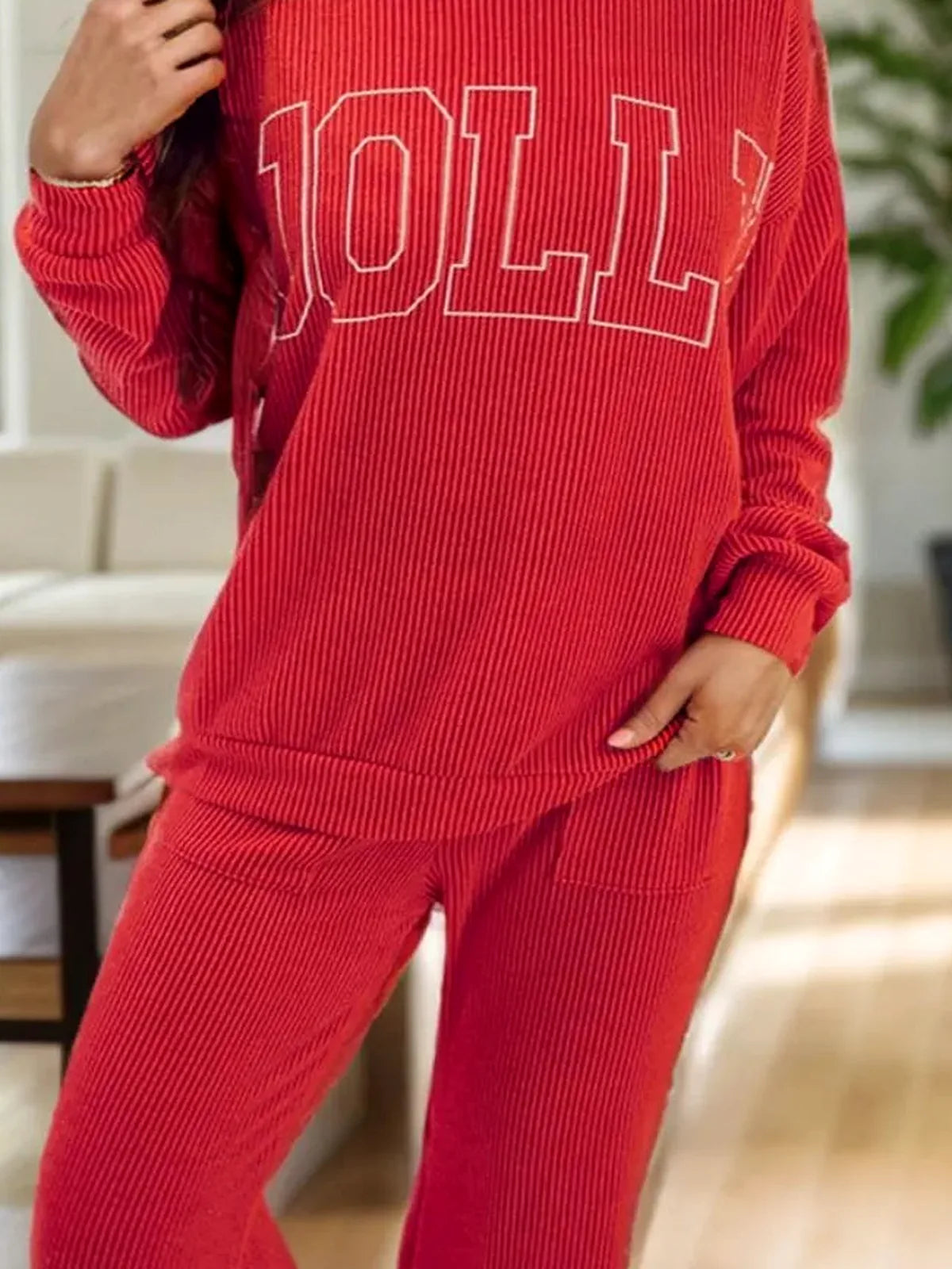 JOLLY Round Neck Long Sleeve Top and Pants Lounge Set