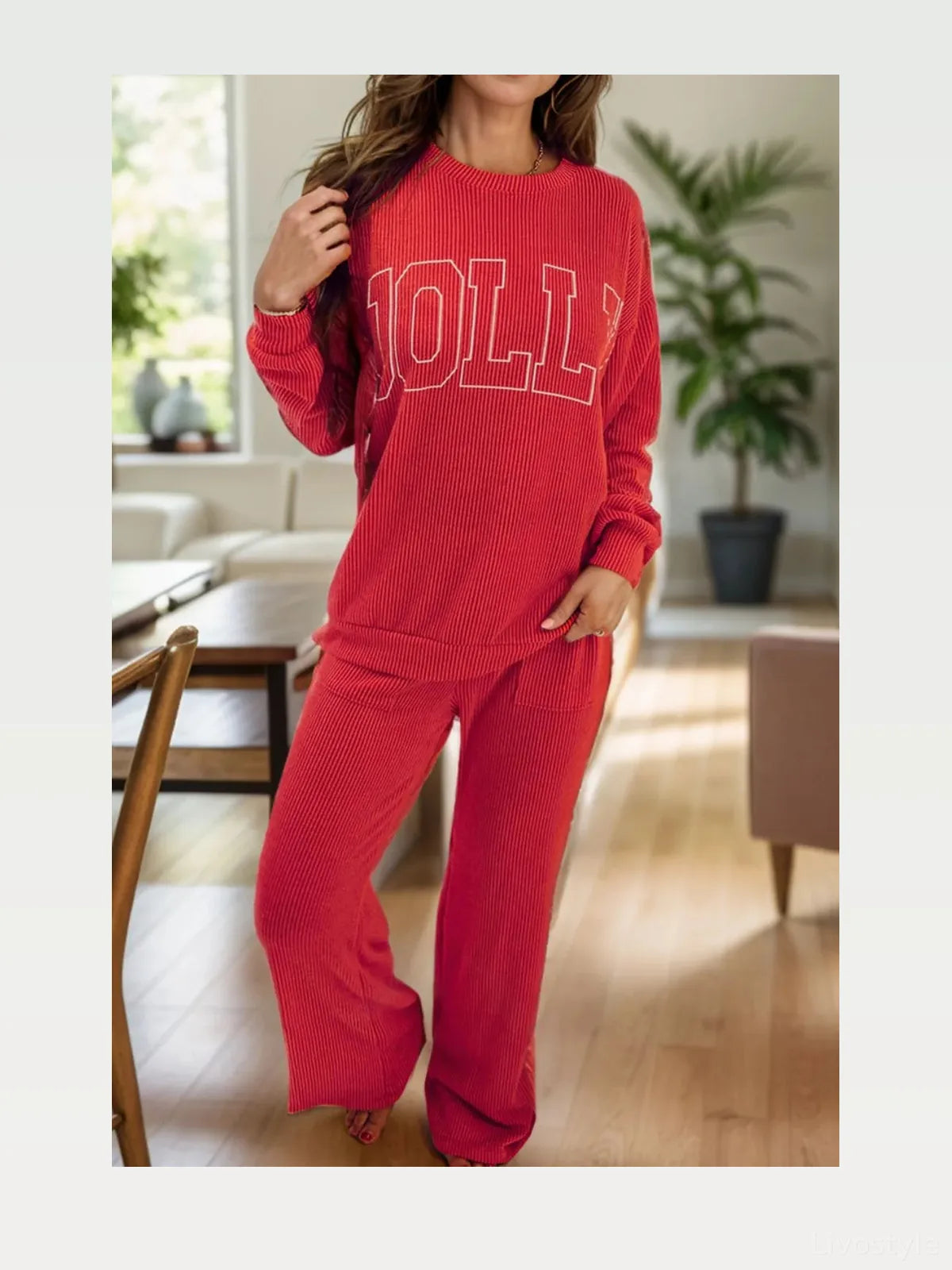 JOLLY Round Neck Long Sleeve Top and Pants Lounge Set