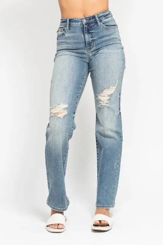 Zapatos Trendsi Jeans Judy Blue de tiro alto rotos para mujer, talla grande, estilo Dad Jean - Ajuste cómodo