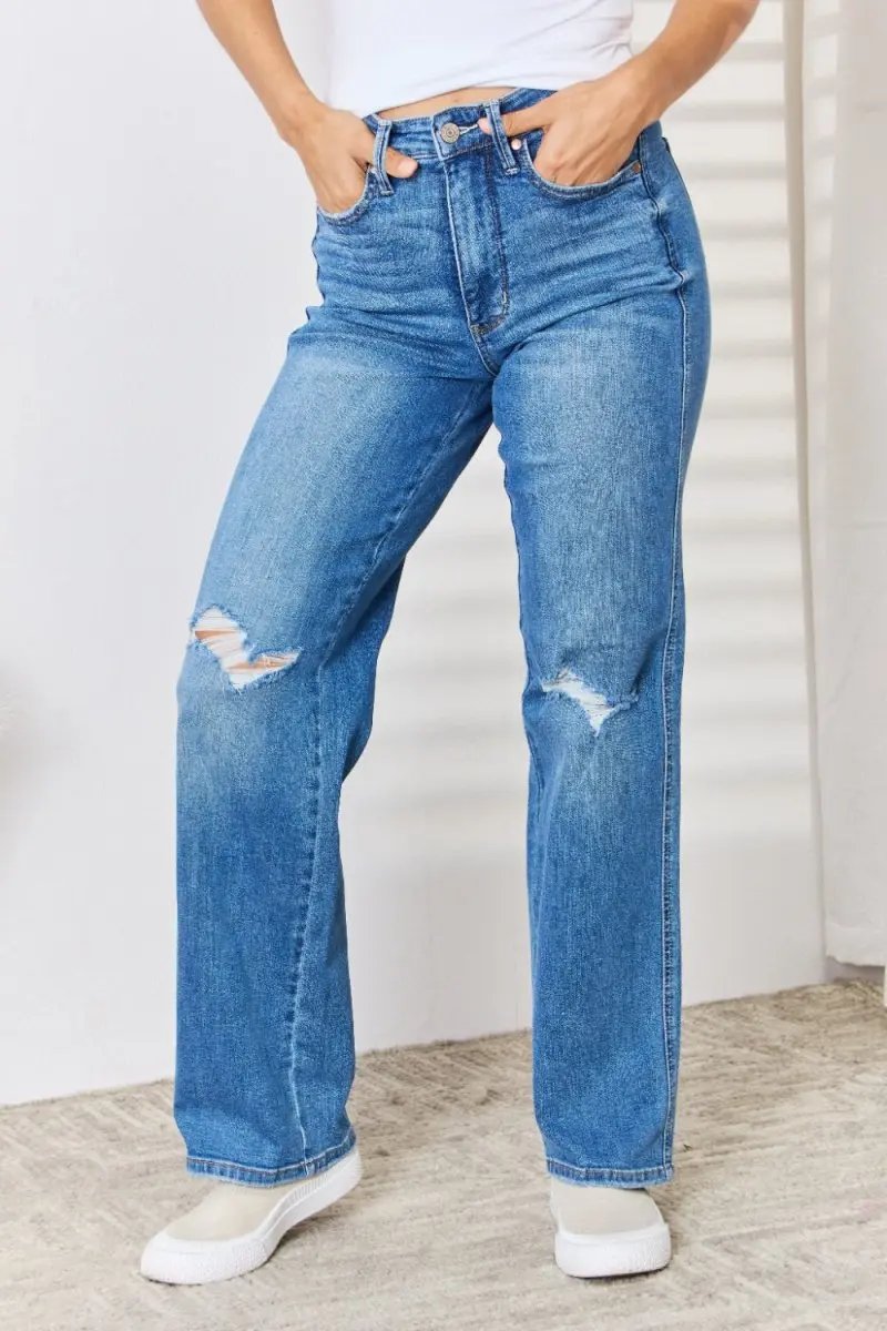 Accessories Trendsi Judy Blue Jeans + Women's High Waist + Everyday Wear + Straight Leg Jeans + Distressed & Comfy