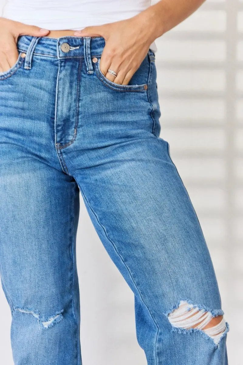 Accessories Trendsi Judy Blue Jeans + Women's High Waist + Everyday Wear + Straight Leg Jeans + Distressed & Comfy