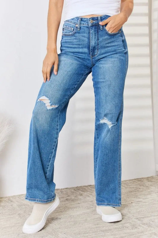 Accesorios Tendencias + Jeans Judy Blue + Cintura Alta para Mujer + Uso Diario + Jeans de Pierna Recta + Desgastados y Cómodos