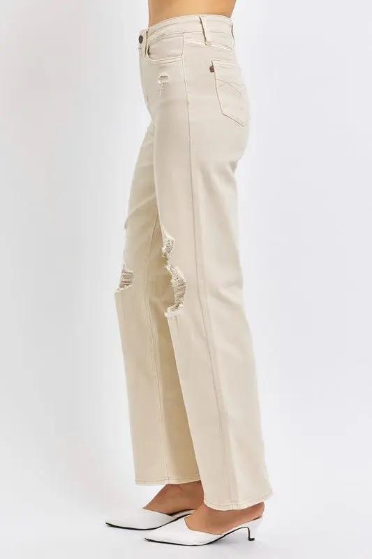 T-Shirts Trendsi Judy Blue Jeans + Women's High Waist Distressed Wide Leg + Everyday Wear + Jeans + Premium Denim
