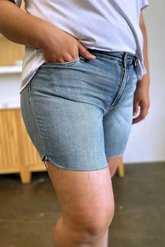 Shorts vaqueros de mujer - Cintura alta con bajo deshilachado - Cómodos y elásticos para verano