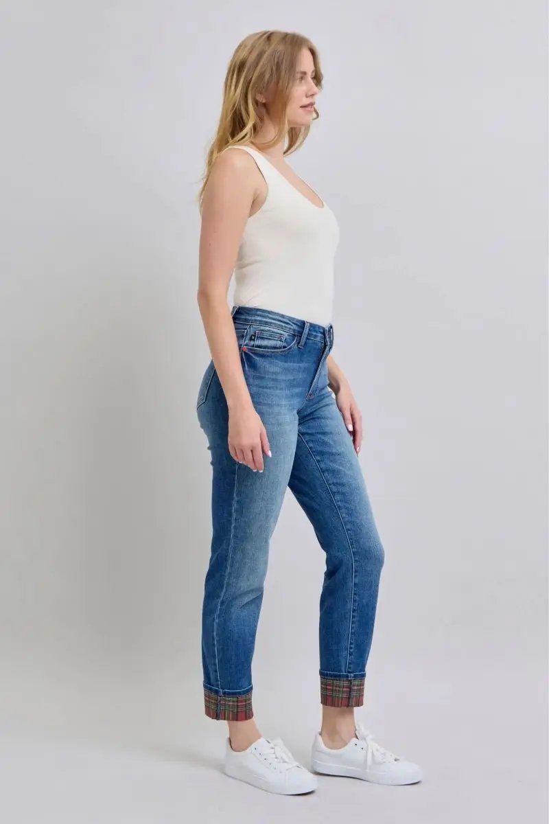Trendsi Judy Blue Plaid Jeans Women's Everyday Straight Leg Denim w/ Pockets