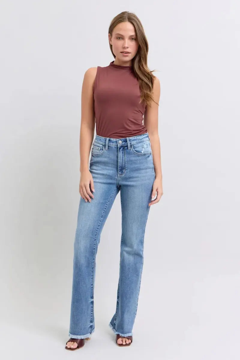 T-Shirts Trendsi Judy Blue Jeans Women's High Rise Bootcut Raw Hem Denim USA Shipped