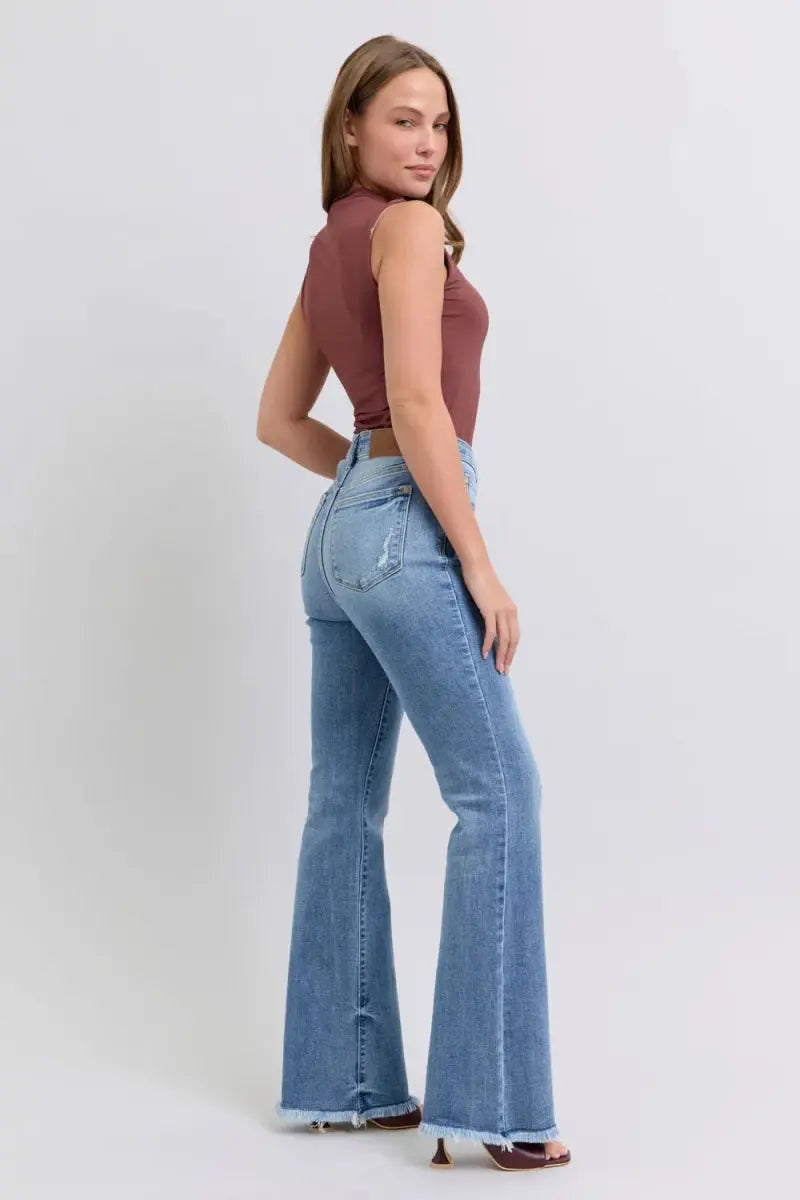 T-Shirts Trendsi Judy Blue Jeans Women's High Rise Bootcut Raw Hem Denim USA Shipped
