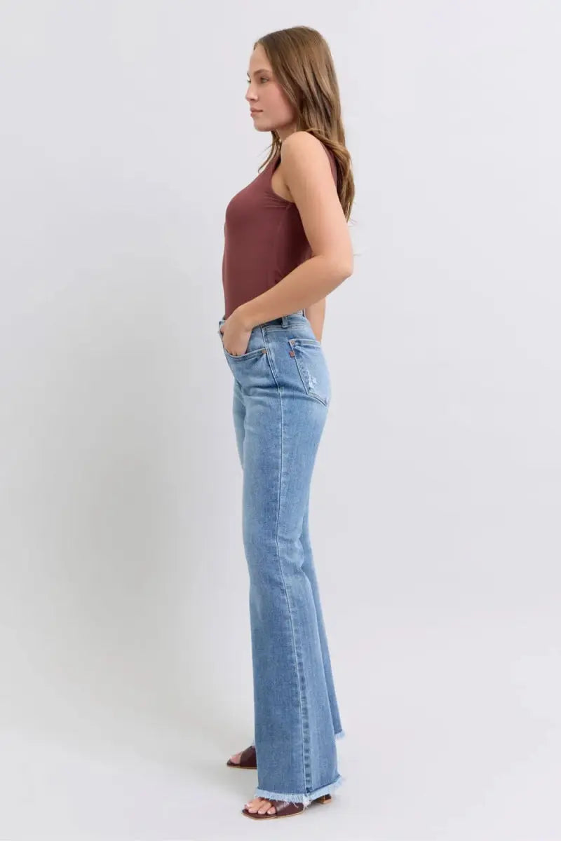 T-Shirts Trendsi Judy Blue Jeans Women's High Rise Bootcut Raw Hem Denim USA Shipped