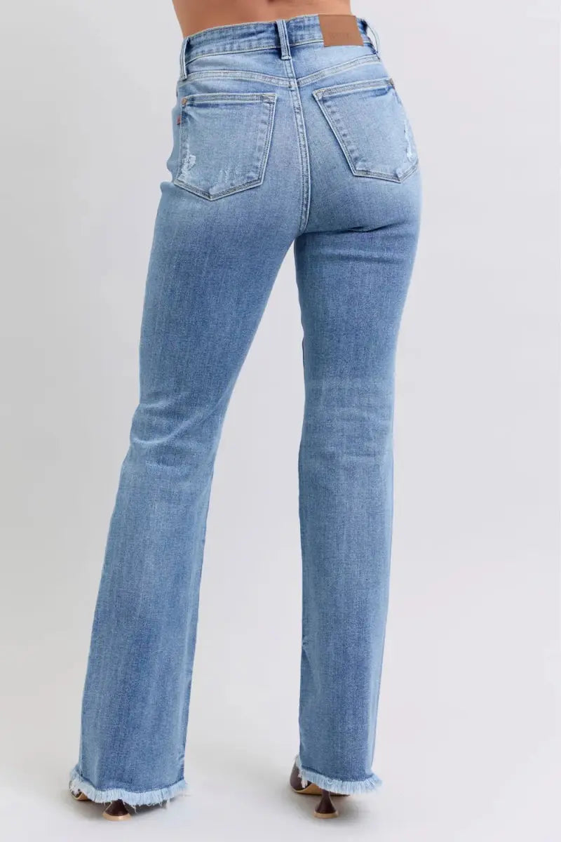 T-Shirts Trendsi Judy Blue Jeans Women's High Rise Bootcut Raw Hem Denim USA Shipped