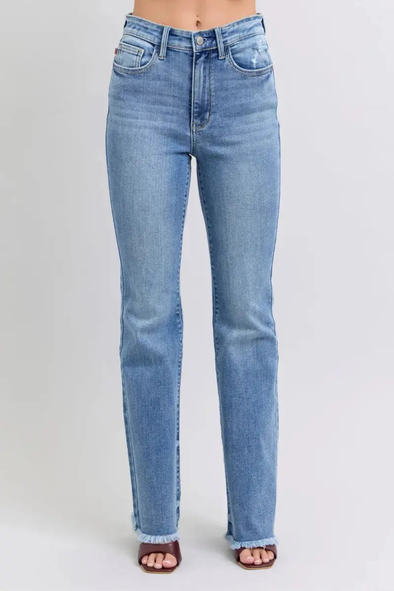 T-Shirts Trendsi Judy Blue Jeans Women's High Rise Bootcut Raw Hem Denim USA Shipped