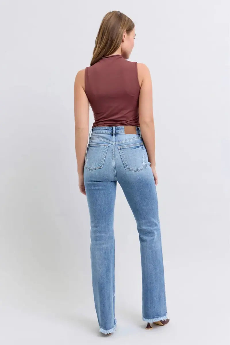 T-Shirts Trendsi Judy Blue Jeans Women's High Rise Bootcut Raw Hem Denim USA Shipped