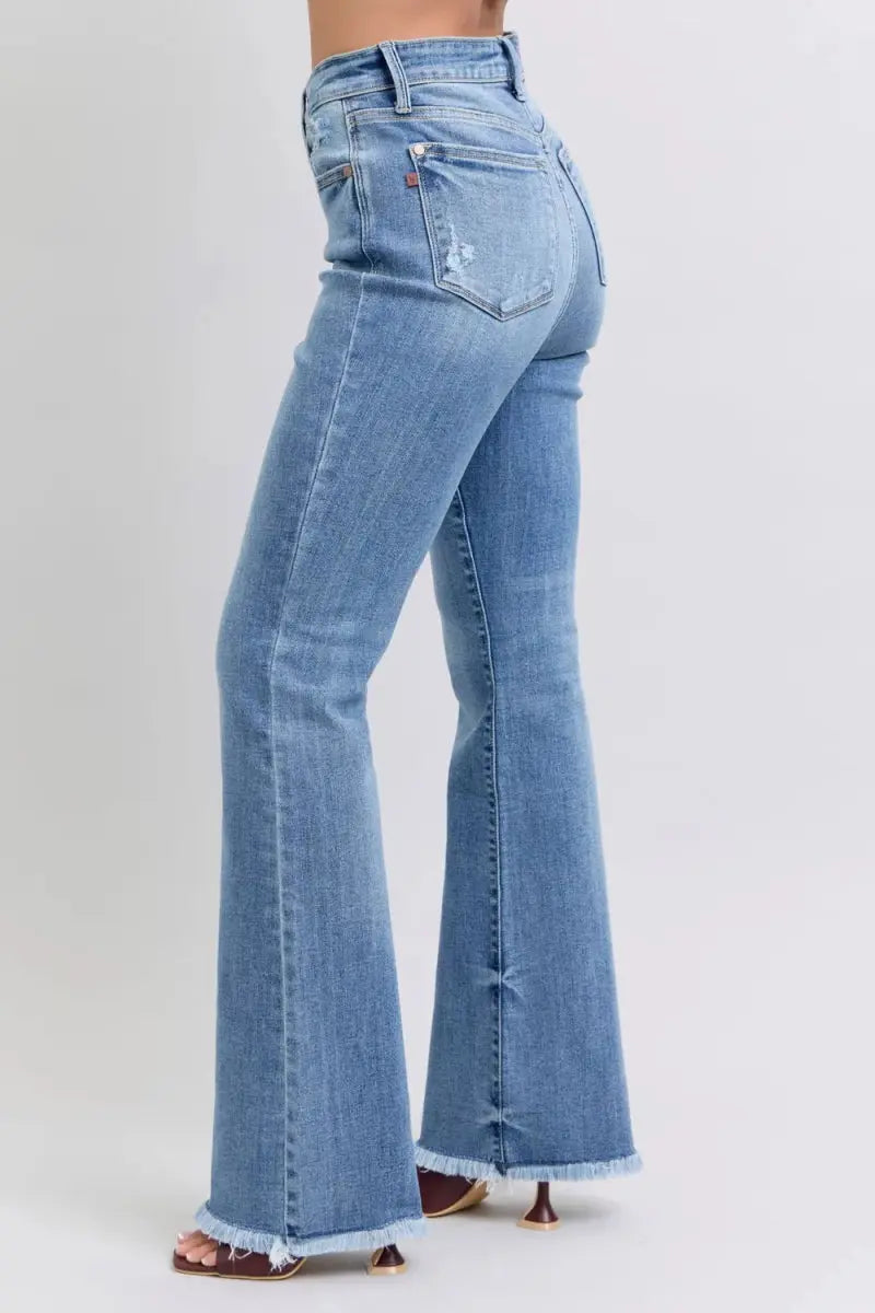 T-Shirts Trendsi Judy Blue Jeans Women's High Rise Bootcut Raw Hem Denim USA Shipped