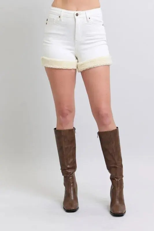 Trendsi Judy Blue Denim Shorts Women's Summer Casual High Waist, Shearling Cuff