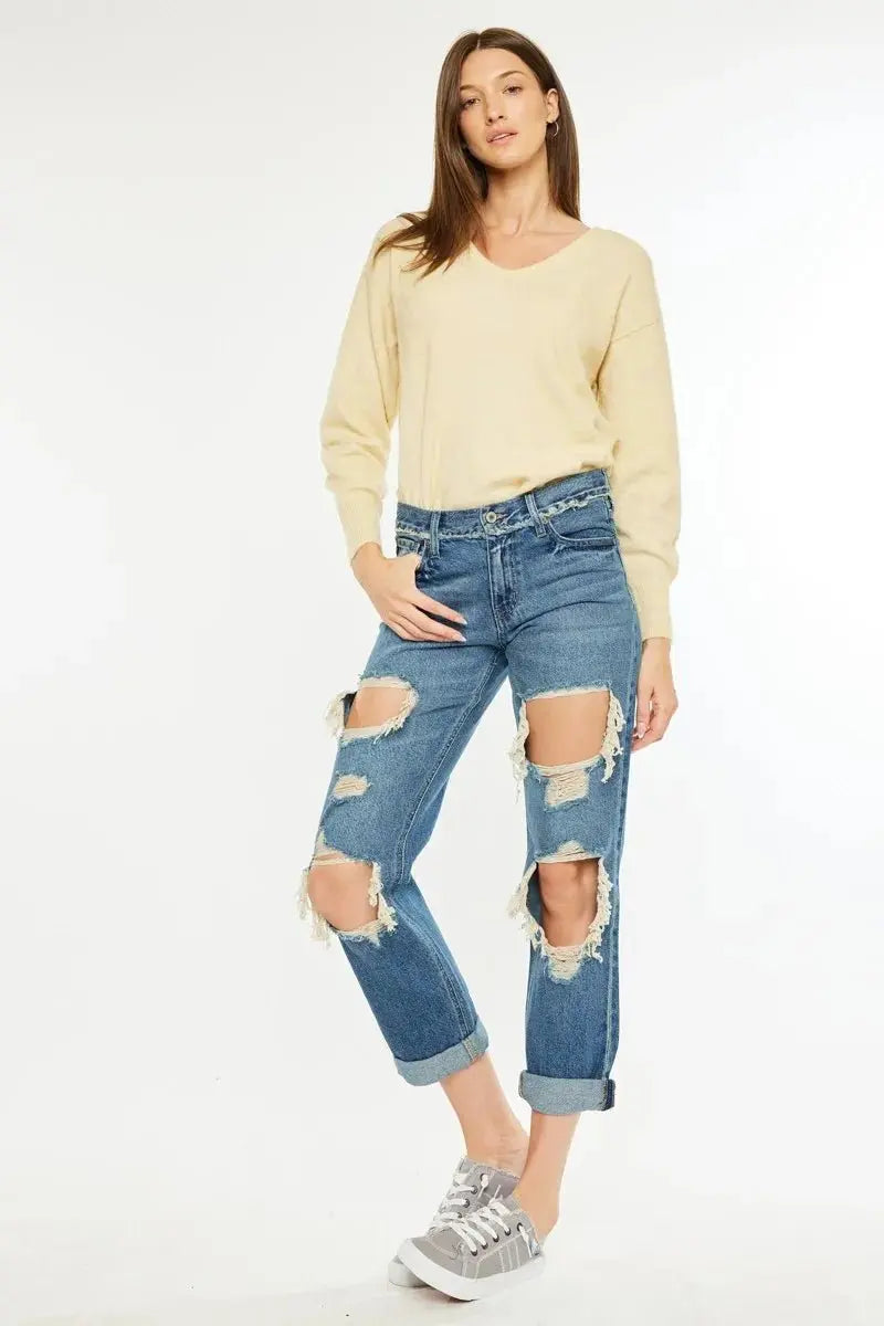 Women's Jeans - Distressed Mid Rise - Boyfriend Fit