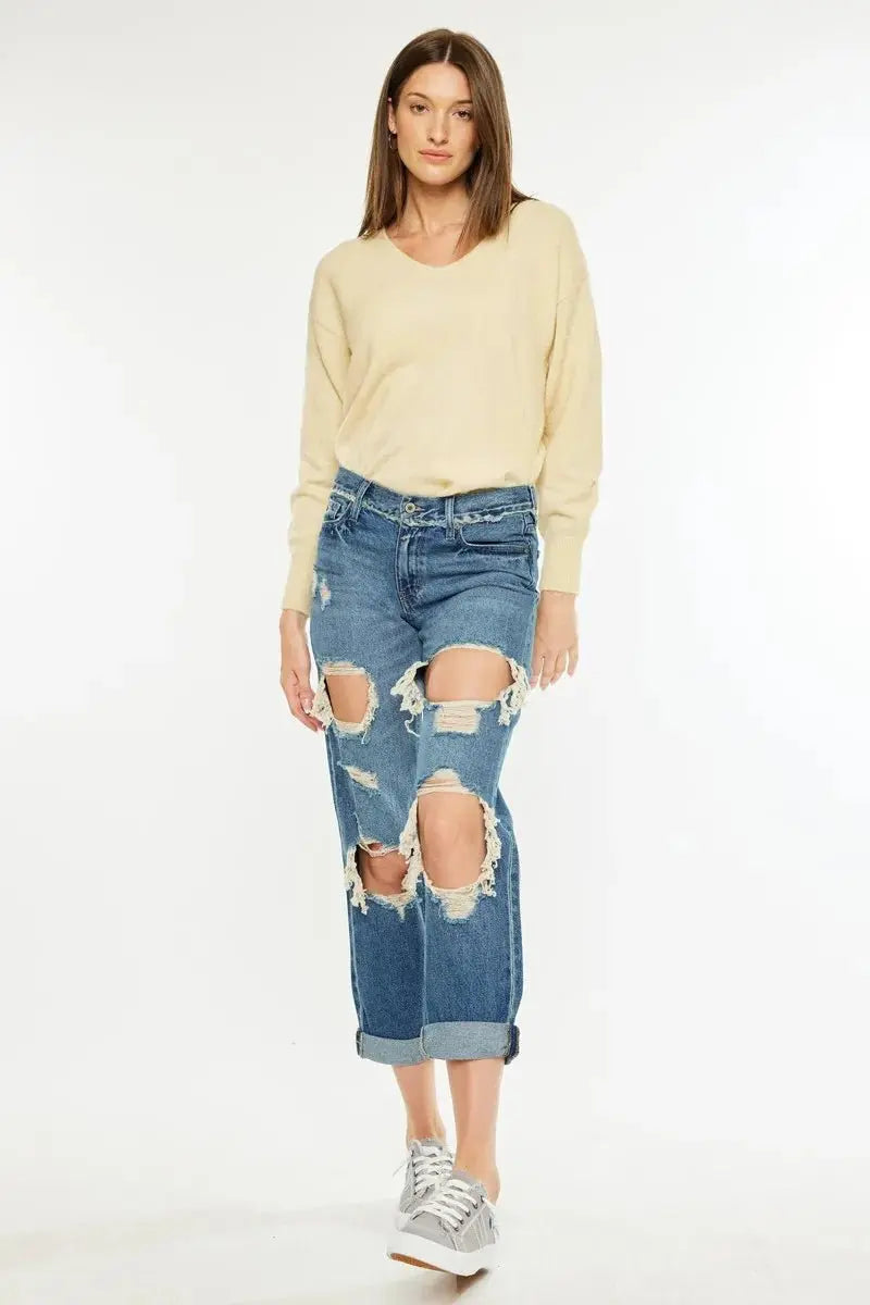 Women's Jeans - Distressed Mid Rise - Boyfriend Fit