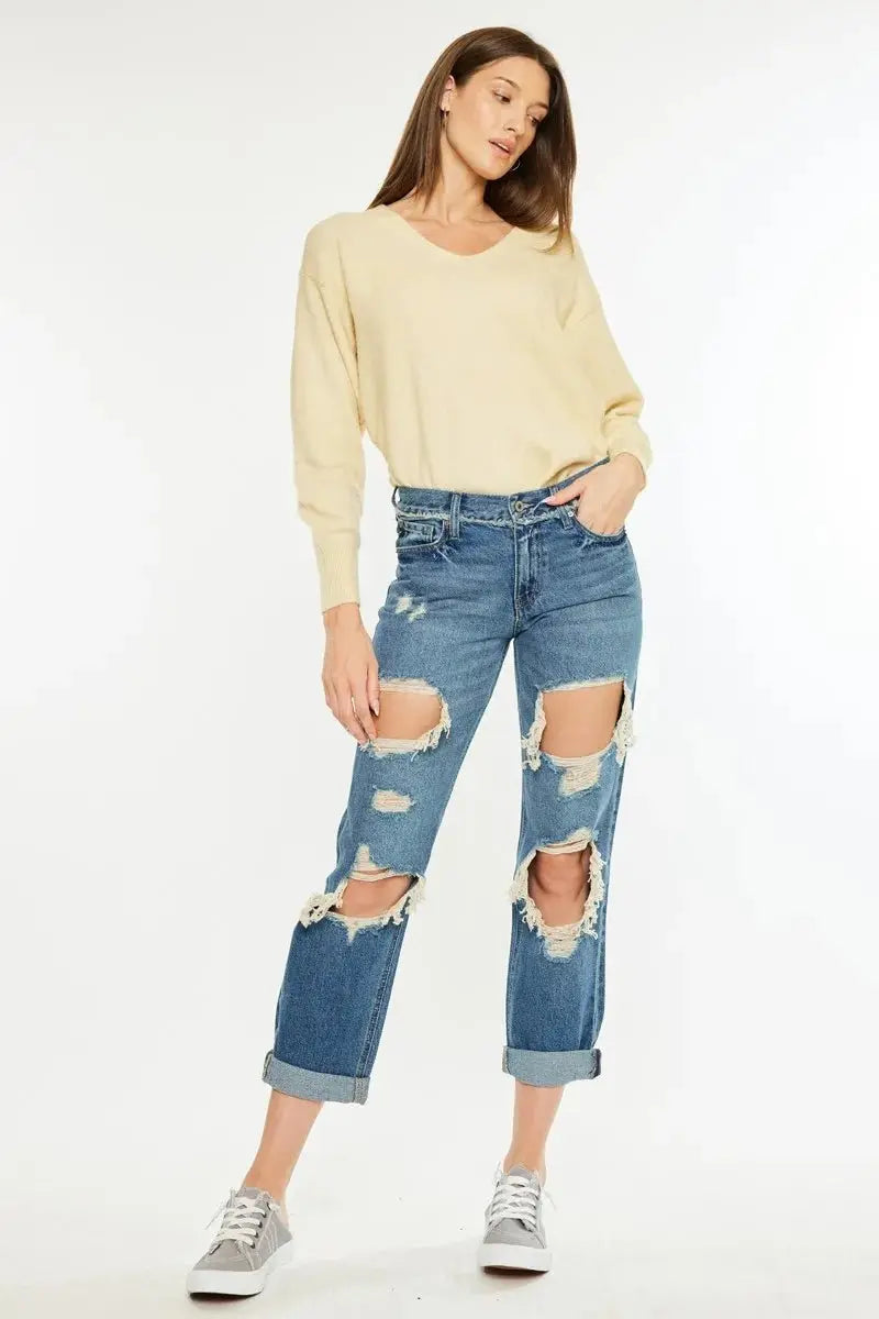 Women's Jeans - Distressed Mid Rise - Boyfriend Fit
