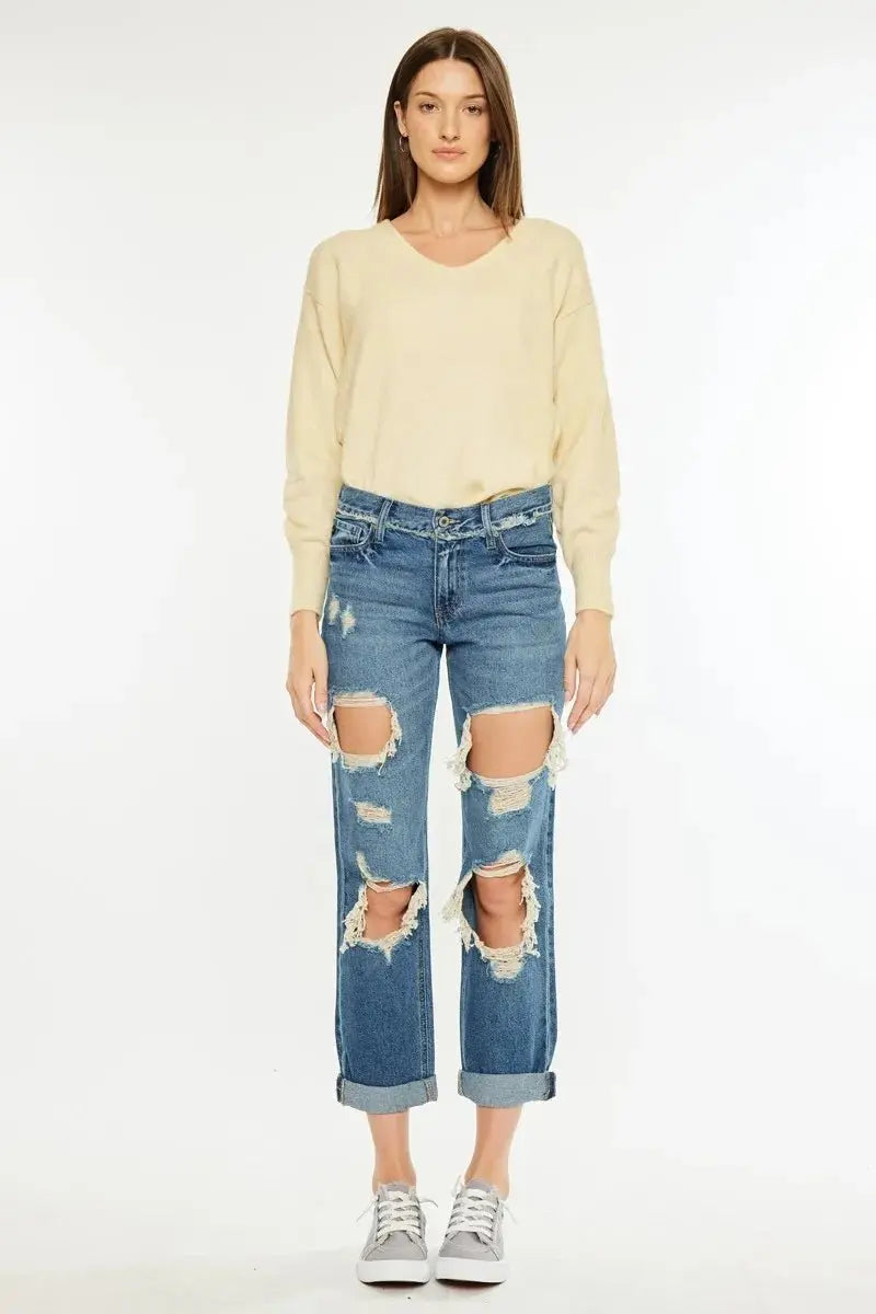 Women's Jeans - Distressed Mid Rise - Boyfriend Fit