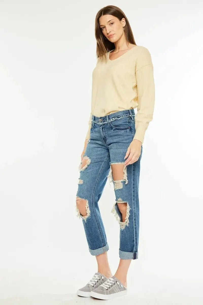 Women's Jeans - Distressed Mid Rise - Boyfriend Fit