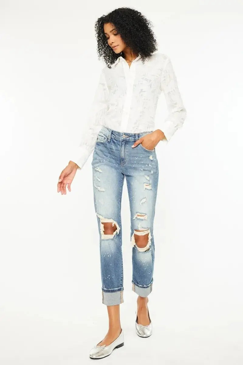 T-Shirts Trendsi Kancan High Rise Distressed Jeans Women's Casual Boyfriend Fit Denim - Comfy & Stylish