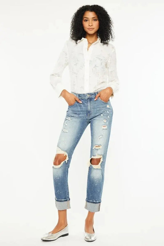 T-Shirts Trendsi Kancan High Rise Distressed Jeans Women's Casual Boyfriend Fit Denim - Comfy & Stylish