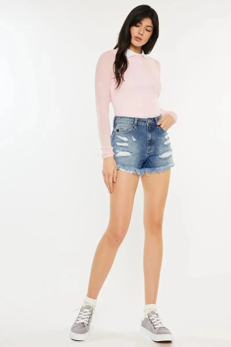 Trendsi Kancan Denim Shorts Women's High Rise Raw Hem Casual Shorts USA Shipped