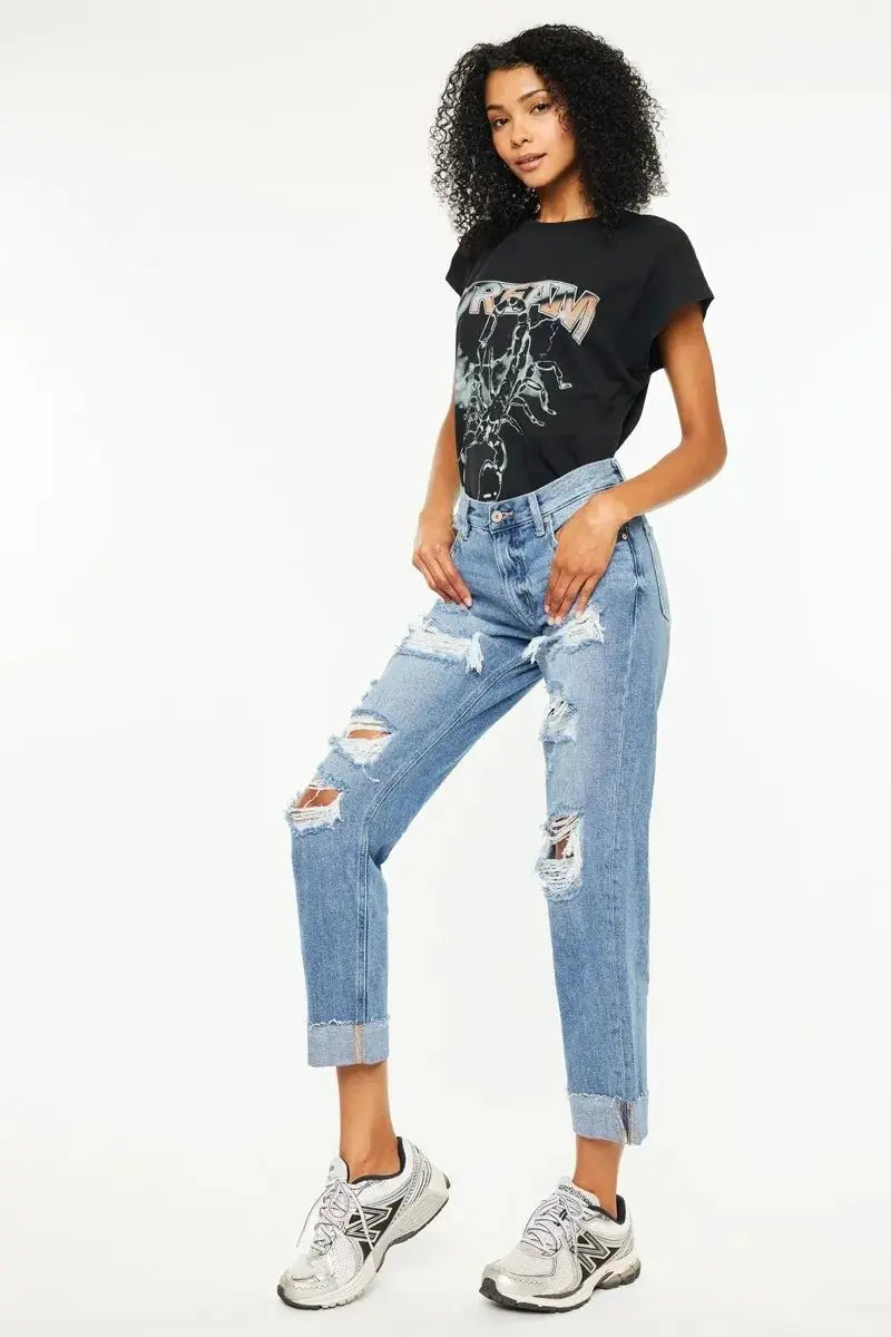 T-Shirts Trendsi Kancan Mid Rise Distressed Jeans Women's Casual Boyfriend Fit Denim - Comfortable
