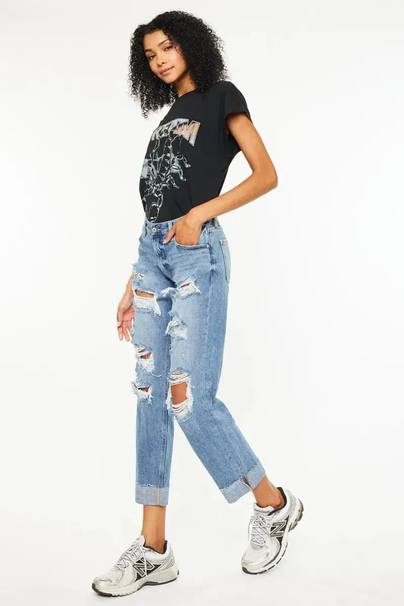 T-Shirts Trendsi Kancan Mid Rise Distressed Jeans Women's Casual Boyfriend Fit Denim - Comfortable