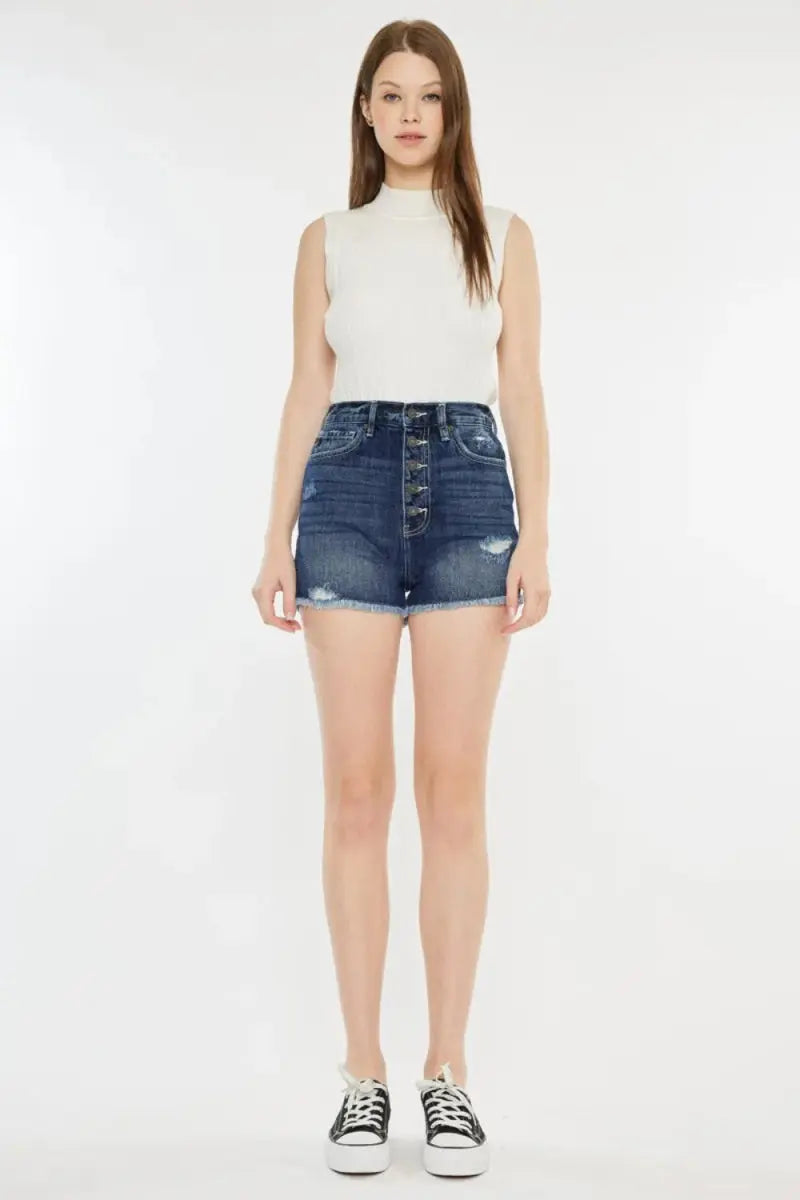 Women's Denim Shorts - Raw Hem Button Fly - Casual