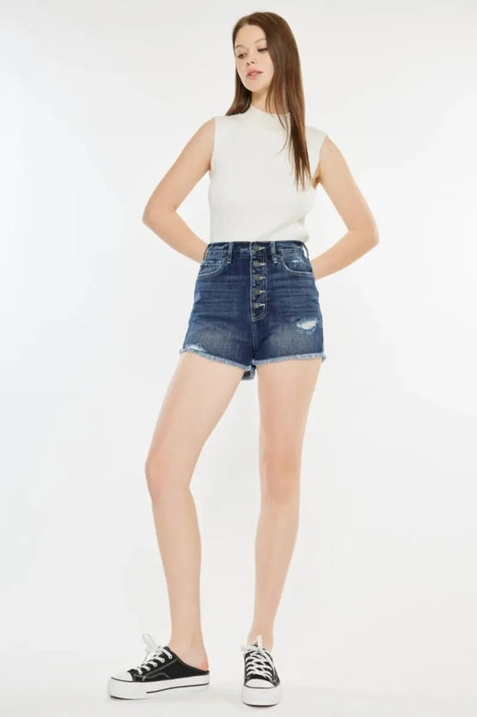 Shorts vaqueros de mujer - Bajo deshilachado con bragueta de botones - Casual