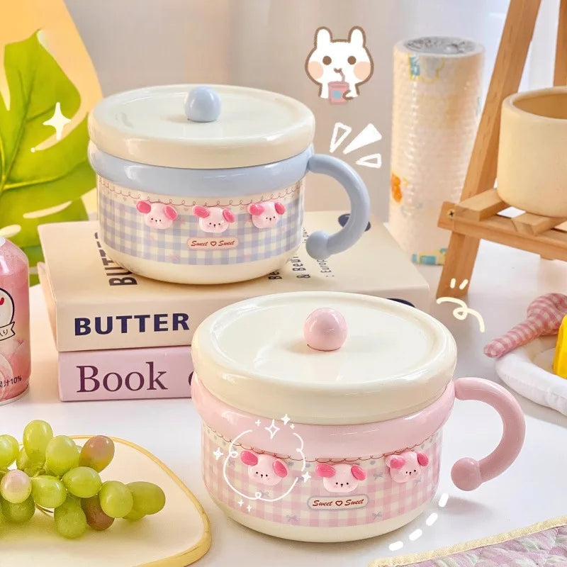 Tazón de ramen Kawaii pastel a cuadros con tapa