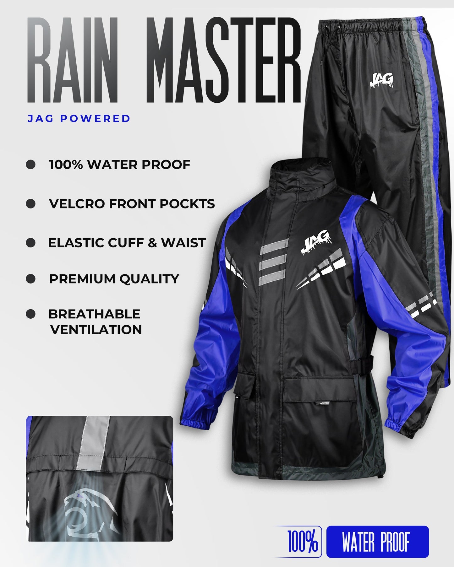 Traje de lluvia JAG Rainmaster para hombres y mujeres (negro/azul)