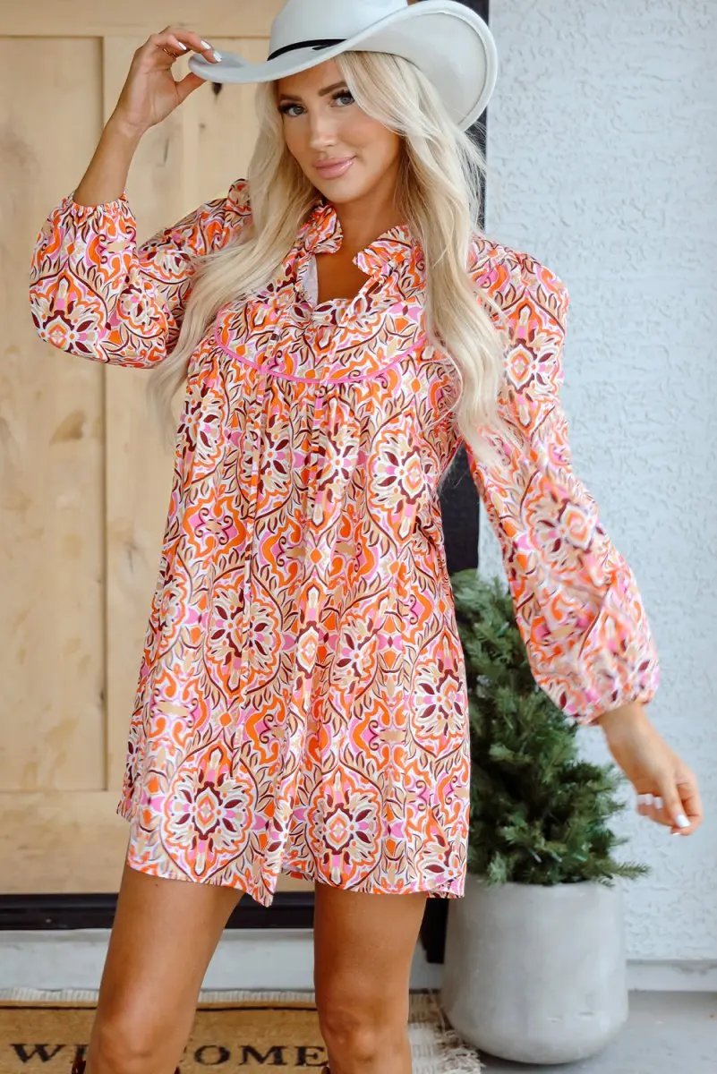 Dresses Love Salve Khaki Mini Dress Women's Vacation Spring Dress Tied Neckline, Abstract Print