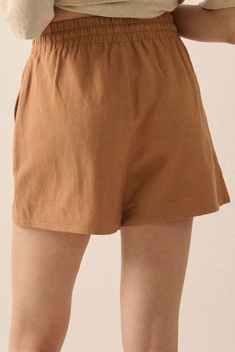 Love Salve Khaki Embroidered Shorts Women's Boho Summer Casual Shorts: Tasseled Drawstring