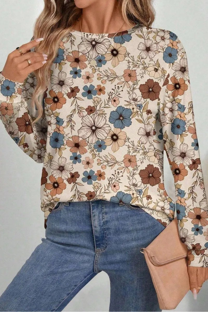 T-Shirts Love Salve Khaki Floral Women's Everyday Tee Long Sleeve Crew Neck Soft & Comfy