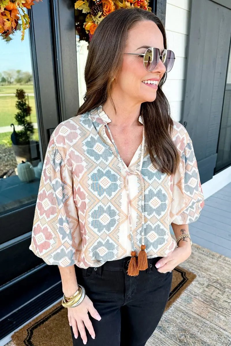 Women's Blouse - Tassel Tie Balloon Sleeve - Khaki Western Top