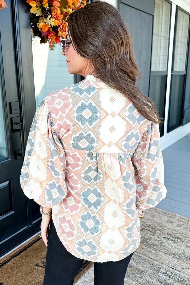 Women's Blouse - Tassel Tie Balloon Sleeve - Khaki Western Top