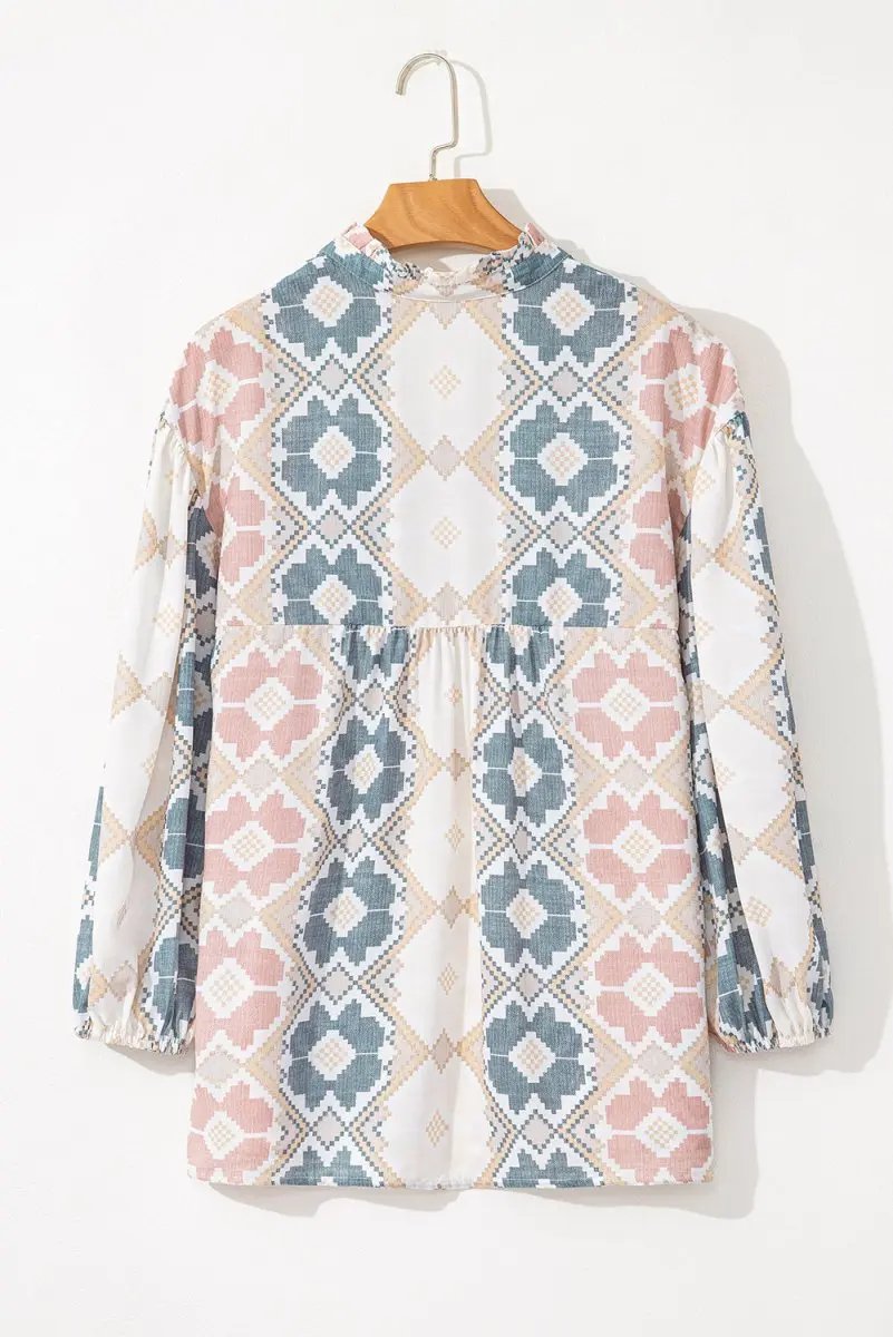 Women's Blouse - Tassel Tie Balloon Sleeve - Khaki Western Top