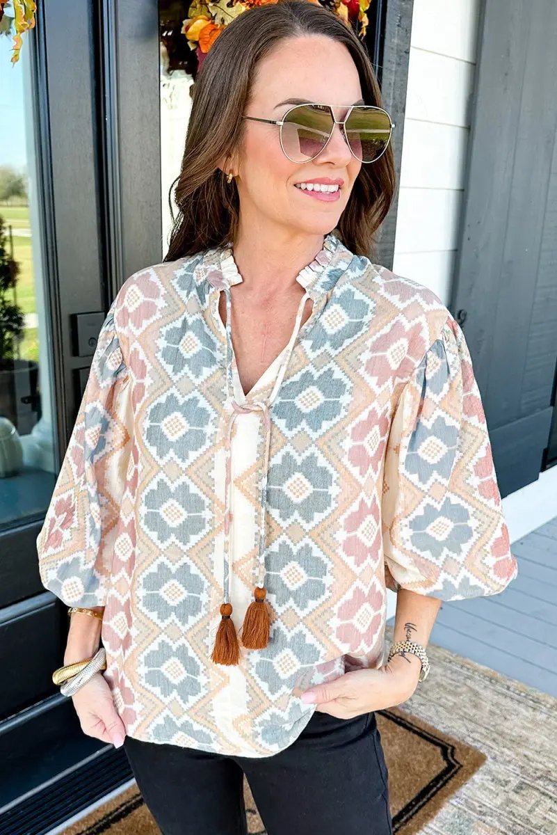 Women's Blouse - Tassel Tie Balloon Sleeve - Khaki Western Top