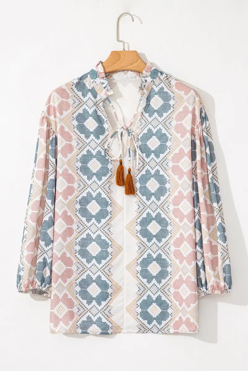 Women's Blouse - Tassel Tie Balloon Sleeve - Khaki Western Top