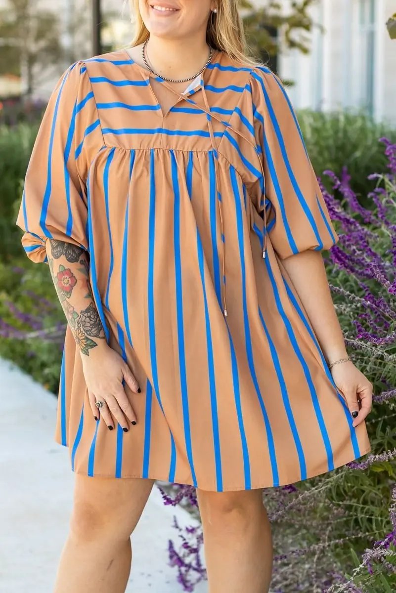 Dresses Love Salve Khaki Stripe Dress Women's Plus Size Babydoll Dress Cute & Comfy