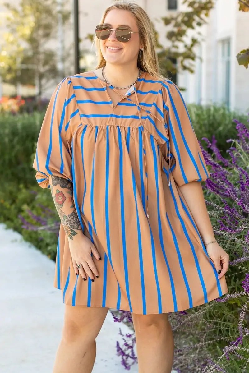 Dresses Love Salve Khaki Stripe Dress Women's Plus Size Babydoll Dress Cute & Comfy