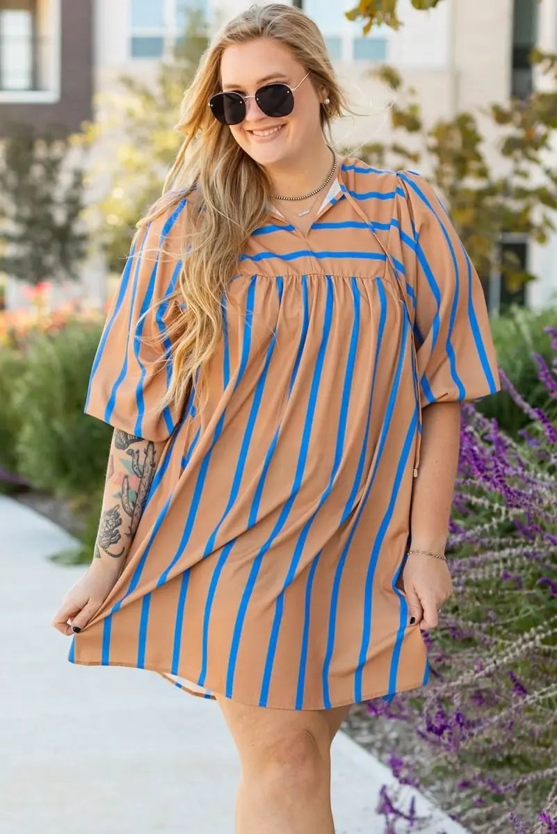 Dresses Love Salve Khaki Stripe Dress Women's Plus Size Babydoll Dress Cute & Comfy
