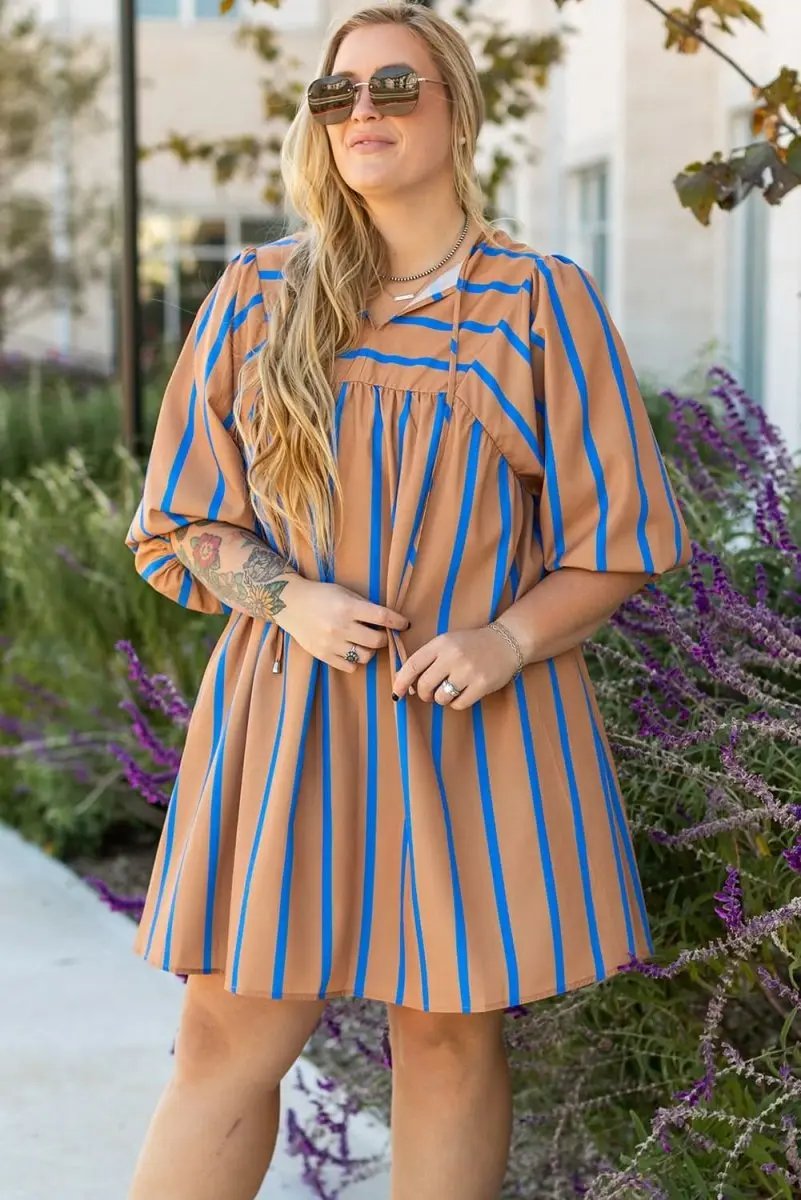 Dresses Love Salve Khaki Stripe Dress Women's Plus Size Babydoll Dress Cute & Comfy
